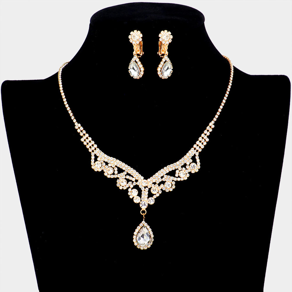 Gold Crystal Teardrop Stone Rhinestone Prom Necklace - Clip on Earrings| Prom Jewelry