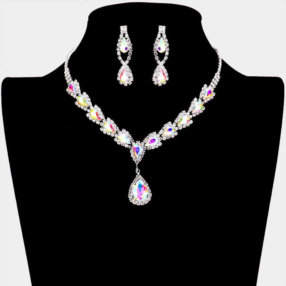 AB Teardrop Rhinestone Prom Necklace | Prom Jewelry | 530137