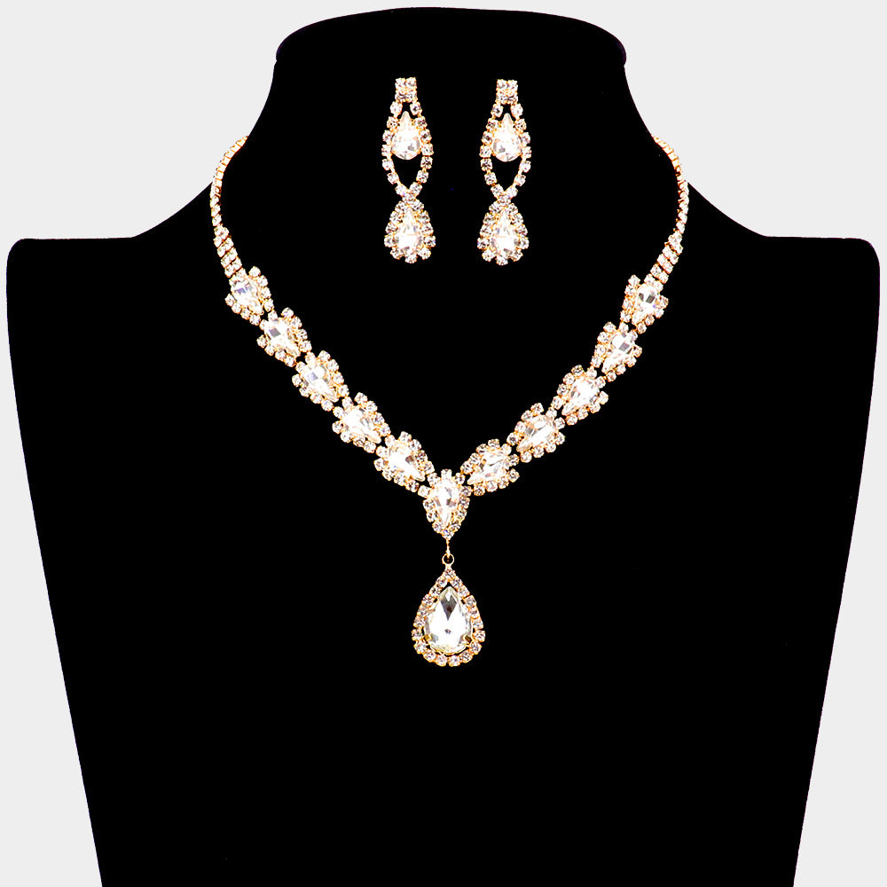 Clear Teardrop Rhinestone Prom Necklace on Gold | Prom Jewelry 