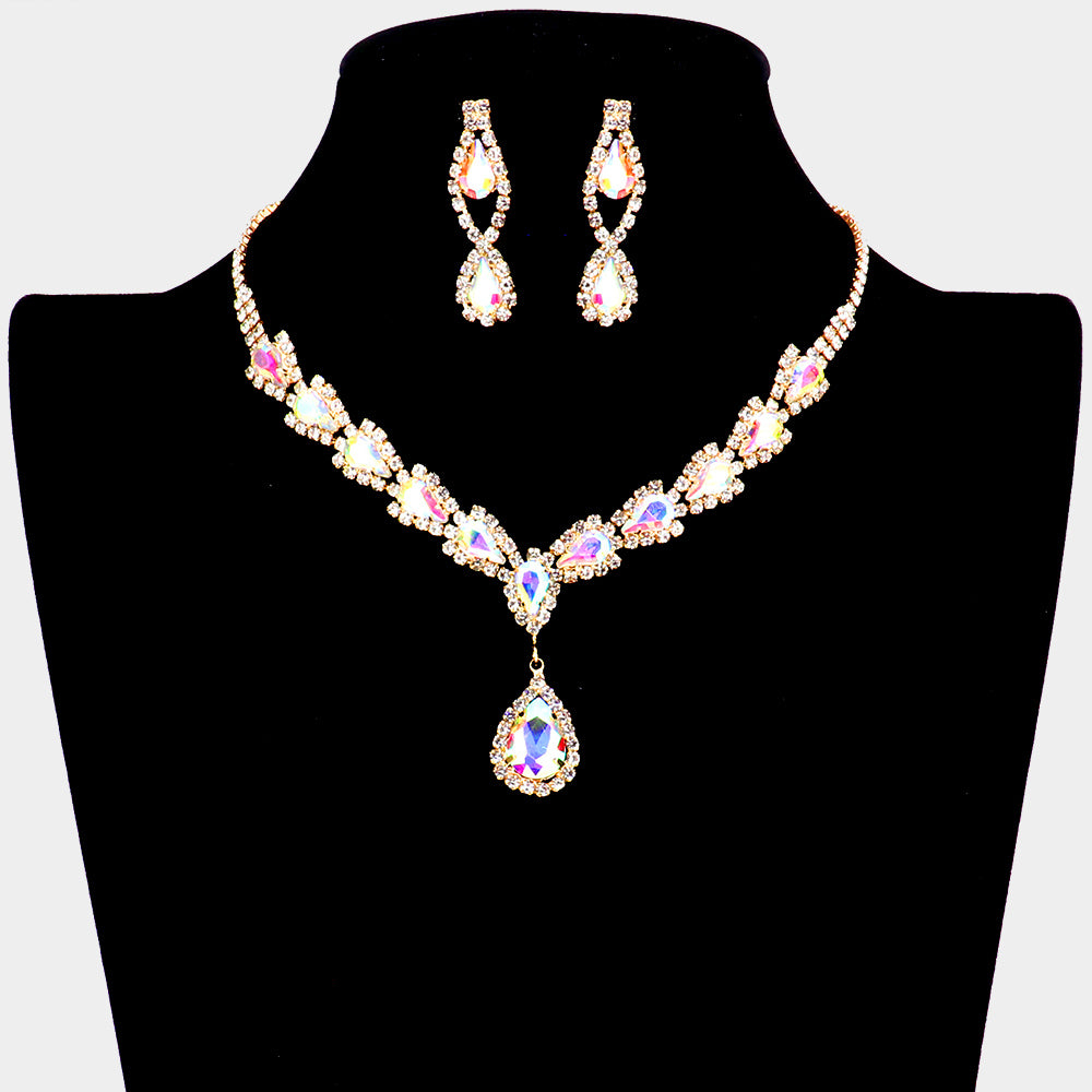 AB Teardrop Rhinestone Prom Necklace on Gold | Prom Jewelry | 530139