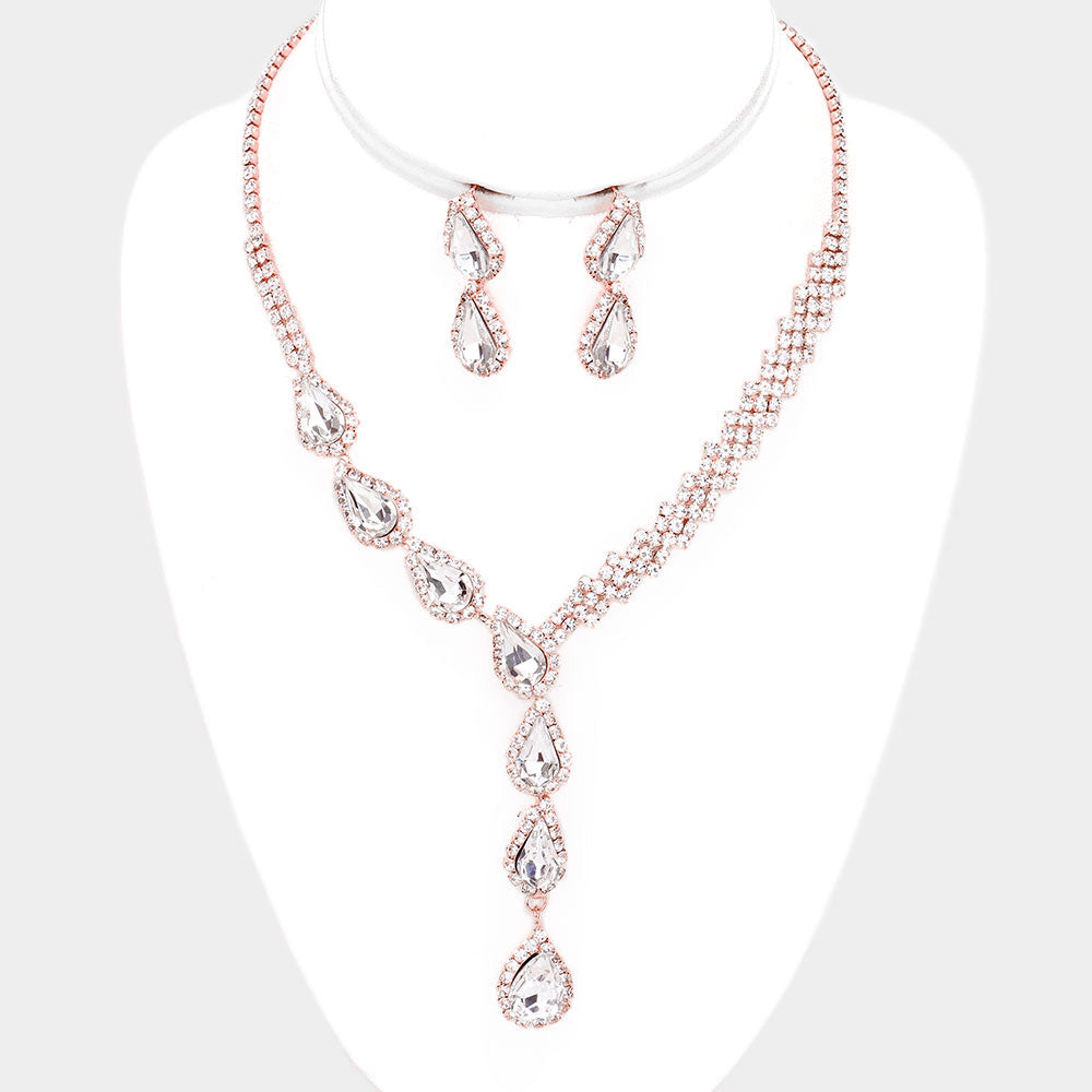 Clear Crystal Teardrop Rhinestone Necklace Set on Rose Gold | Prom Jewelry