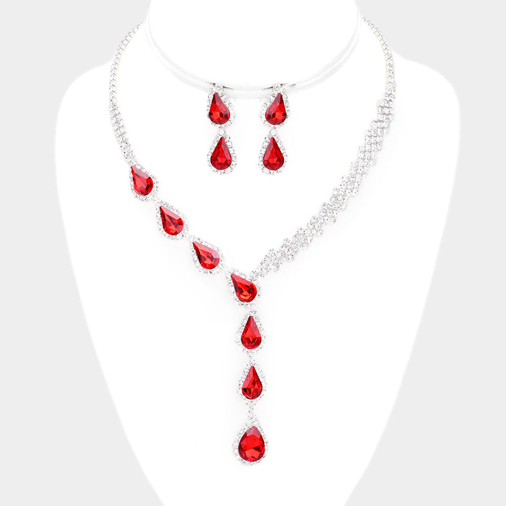 Red Crystal Teardrop Rhinestone Necklace Set  | Prom Jewelry