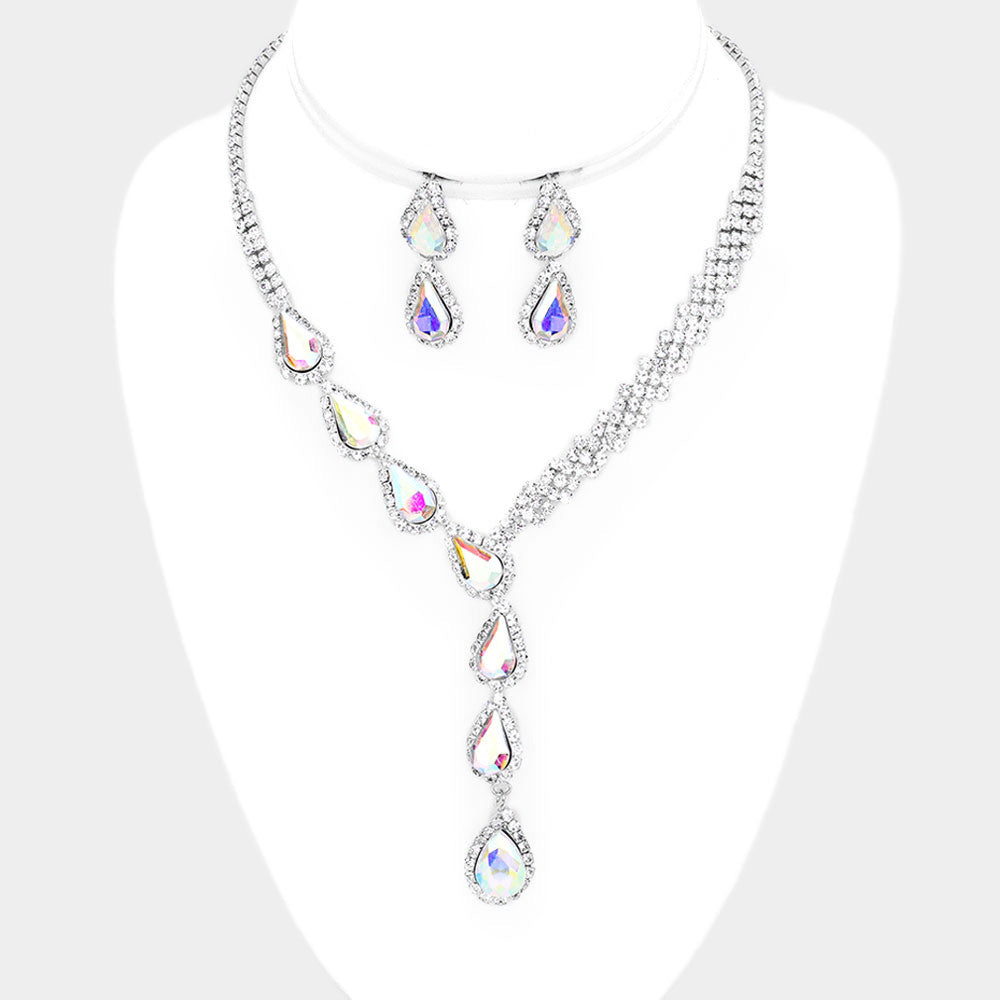 AB Crystal Teardrop Rhinestone Necklace Set  | Prom Jewelry