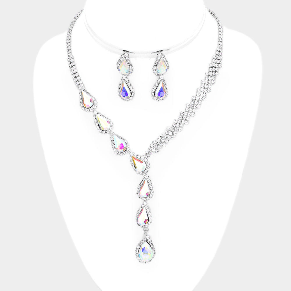 AB Crystal Teardrop Rhinestone Necklace Set Prom Jewelry L&M