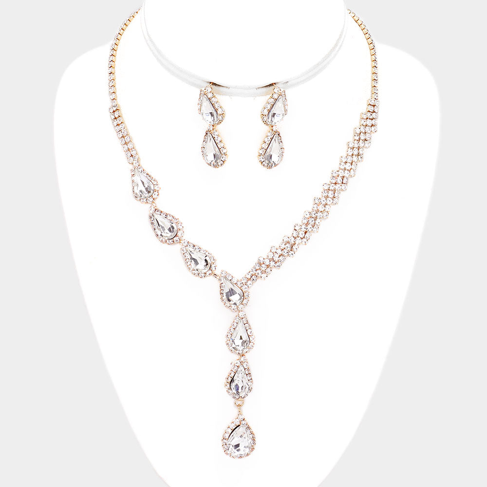 Clear Crystal Teardrop Rhinestone Necklace Set on Gold  | Prom Jewelry