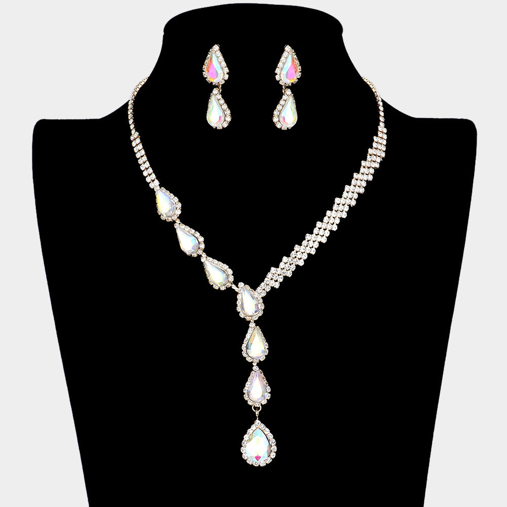 AB Crystal Teardrop Rhinestone Necklace Set on Gold | Prom Jewelry 