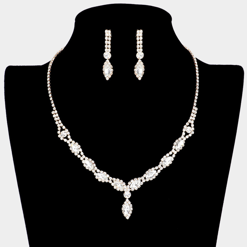 Clear Crystal Teardrop Stone Accented Rhinestone Prom Necklace on Gold | Homecoming Jewelry 