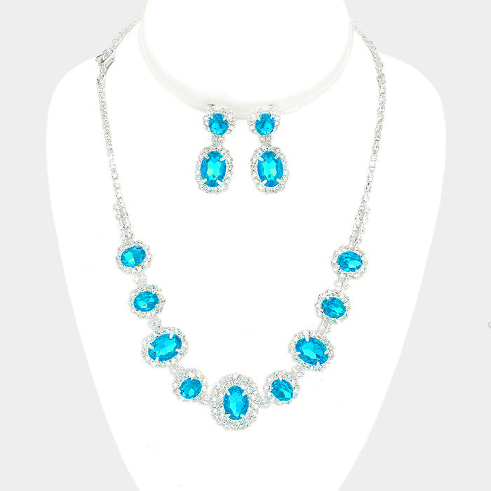 Pave Trim Aqua Rhinestone Necklace and Earrings