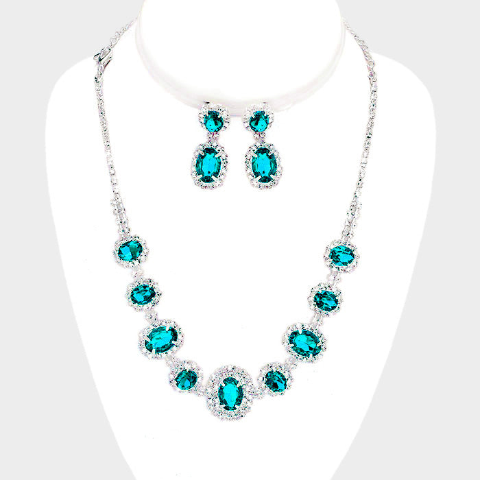 Pave Trim Teal Rhinestone Necklace and Earrings