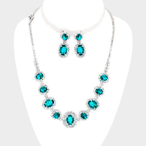 Pave Trim Teal Rhinestone Necklace and Earrings