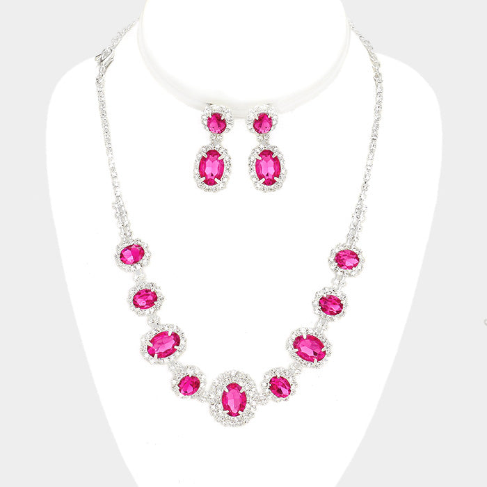 Pave Trim Fuchsia Rhinestone Necklace and Earrings