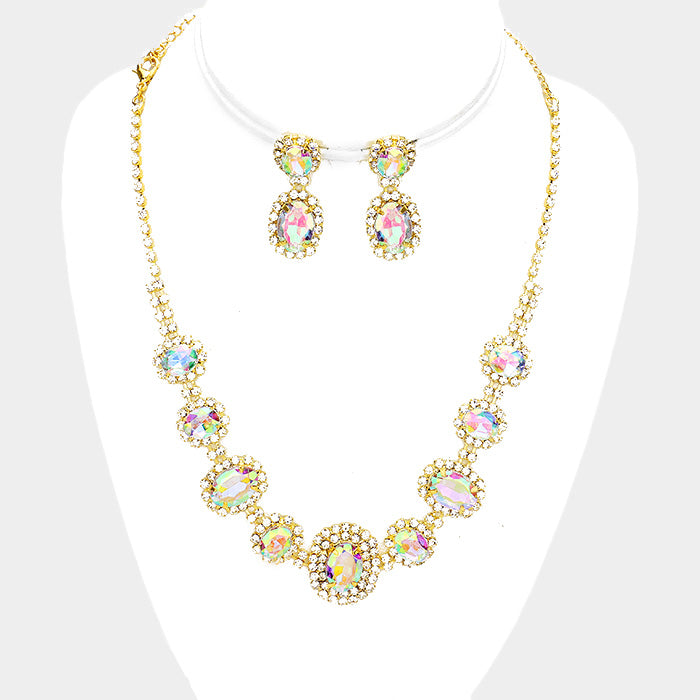 Pave Trim AB Rhinestone Necklace and Earrings on Gold  | 369391