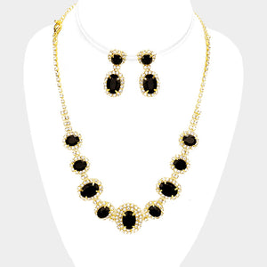 Pave Trim Black Rhinestone Necklace and Earrings on Gold