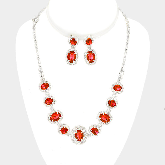 Pave Trim Red Rhinestone Necklace and Earrings