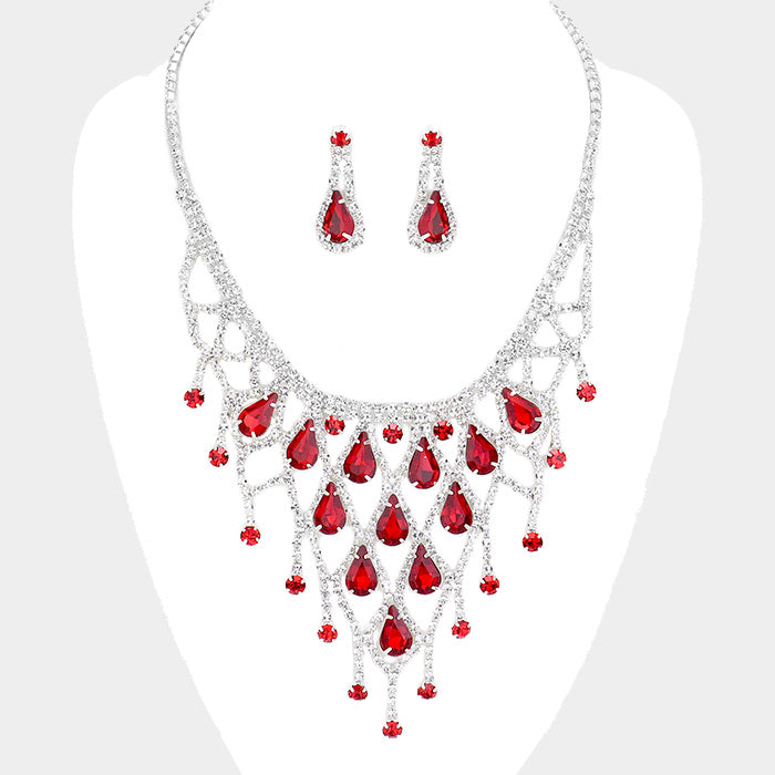 Red Crystal Rhinestone Teardrop Bib Necklace 