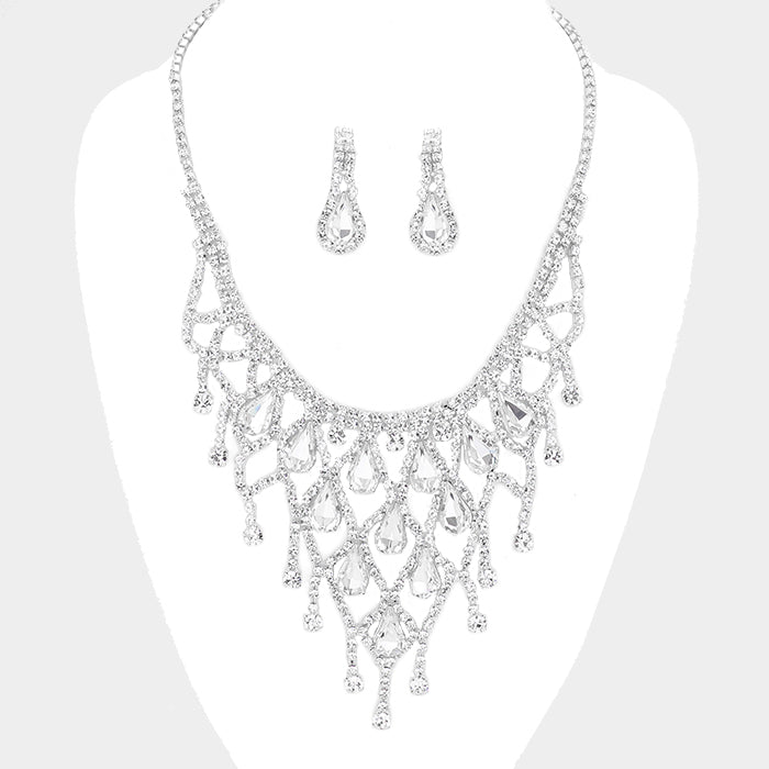 Clear Crystal Rhinestone Teardrop Bib Necklace