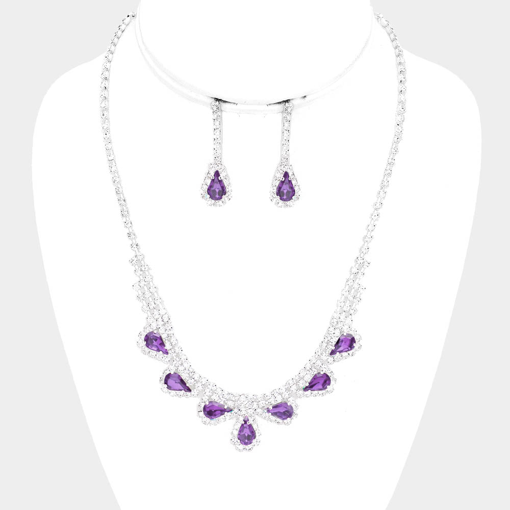 Purple and Rhinestone Teardrop Prom Necklace and Earrings
