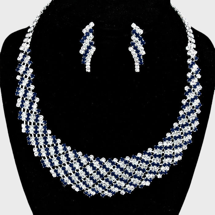 Navy & Clear Rhinestone Round Collar Pageant Necklace | Prom Necklace
