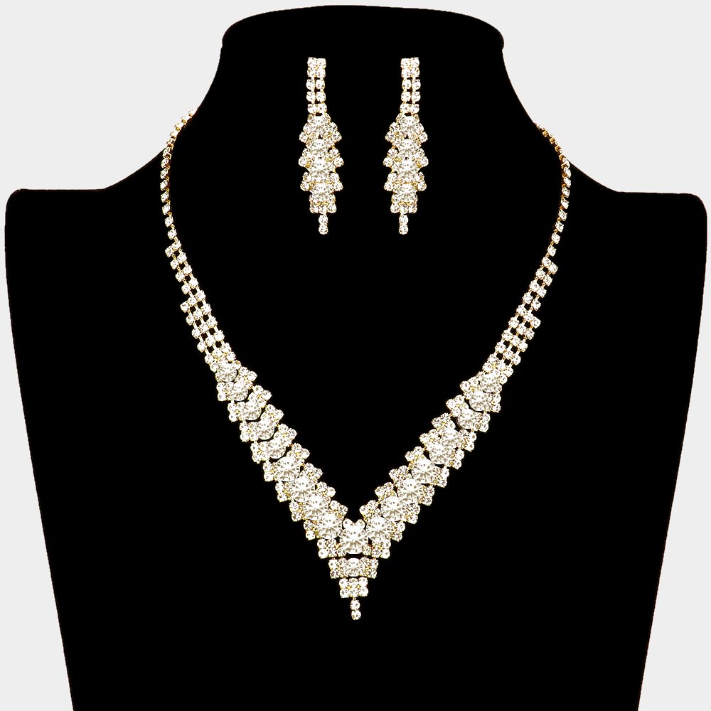 Clear Crystal V-Neck Rhinestone Necklace Set on Gold | Prom Jewelry