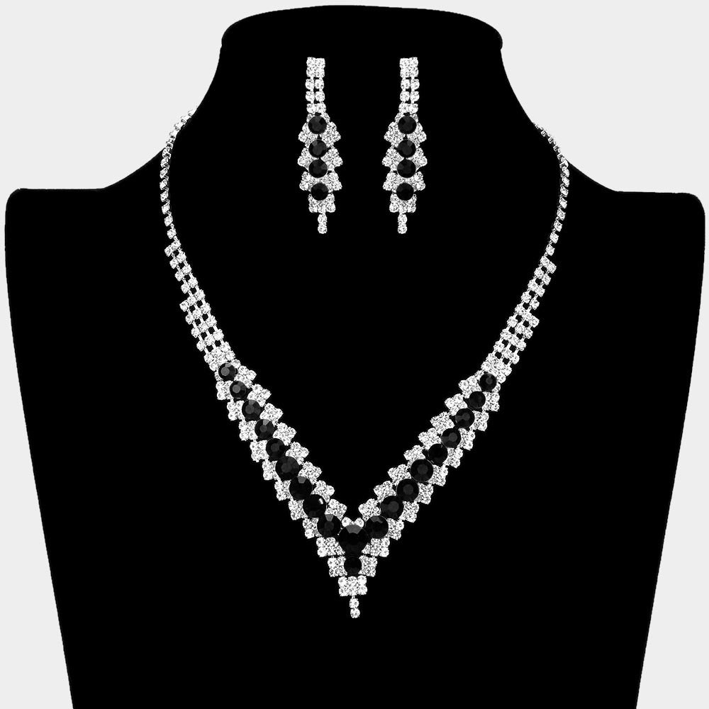 Black Crystal V-Neck Rhinestone Necklace Set | Prom Jewelry
