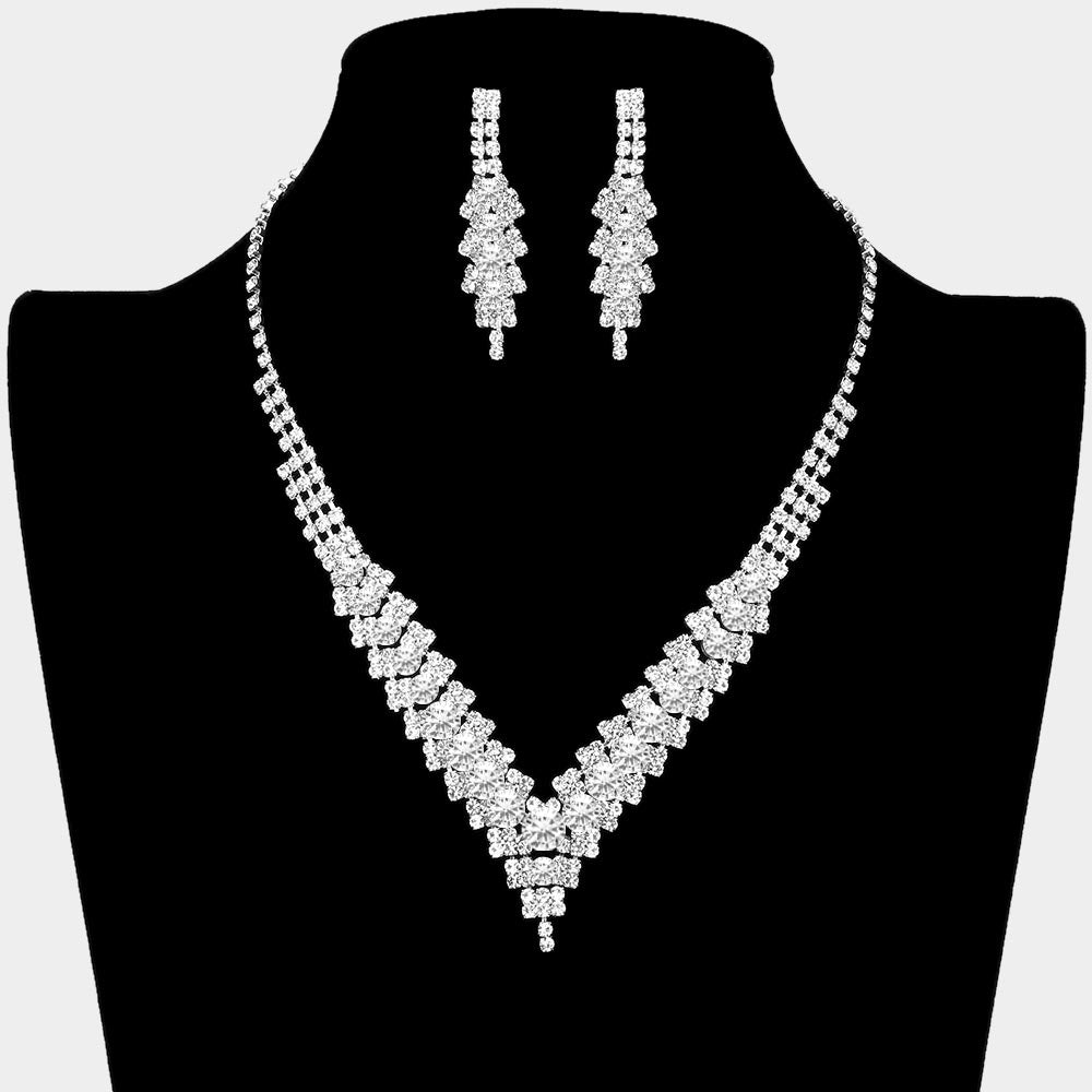 Clear Crystal V-Neck Rhinestone Necklace Set  | Prom Jewelry