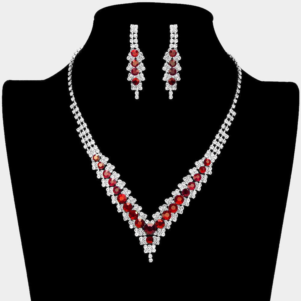 Red Crystal V-Neck Rhinestone Necklace Set | Prom Jewelry