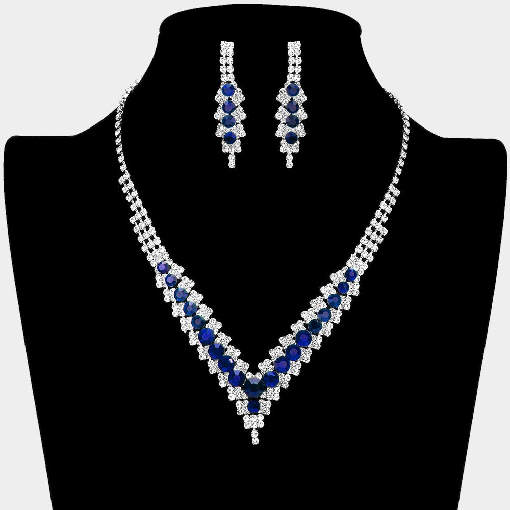 Sapphire Crystal V-Neck Rhinestone Necklace Set | Prom Jewelry