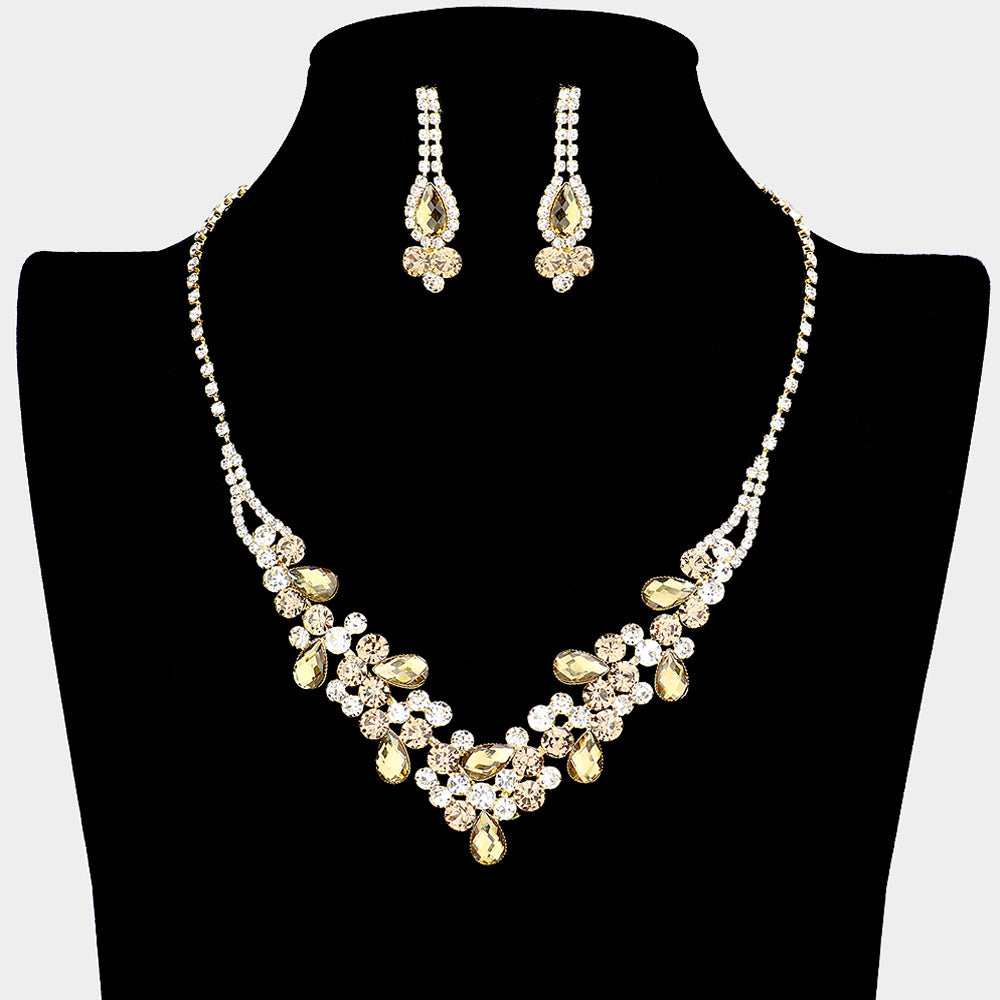 Topaz and Clear Rhinestone Floral Prom Necklace Set on Gold | Homecoming Necklace Set