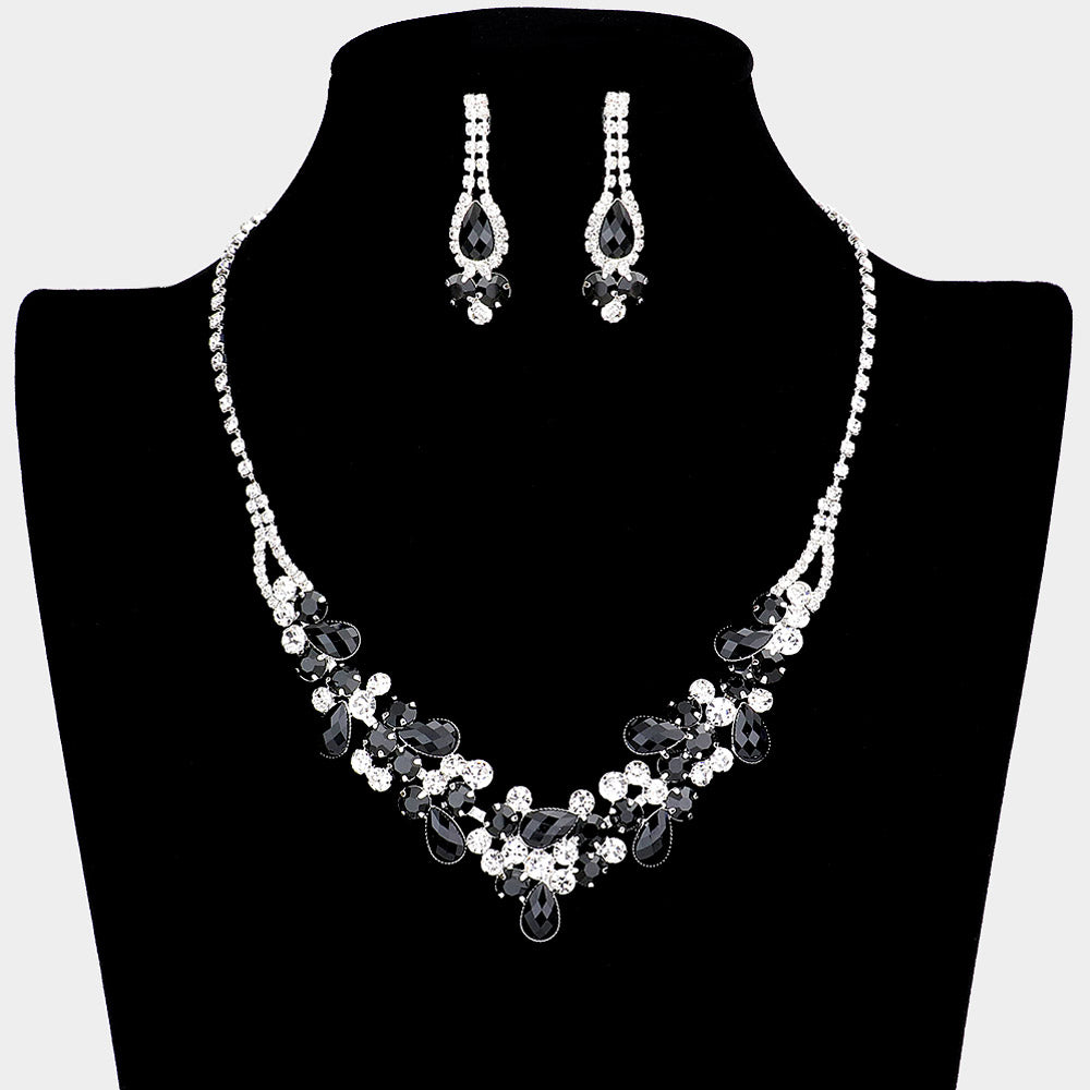 Black and Clear Rhinestone Floral Prom Necklace Set  | Homecoming Necklace Set