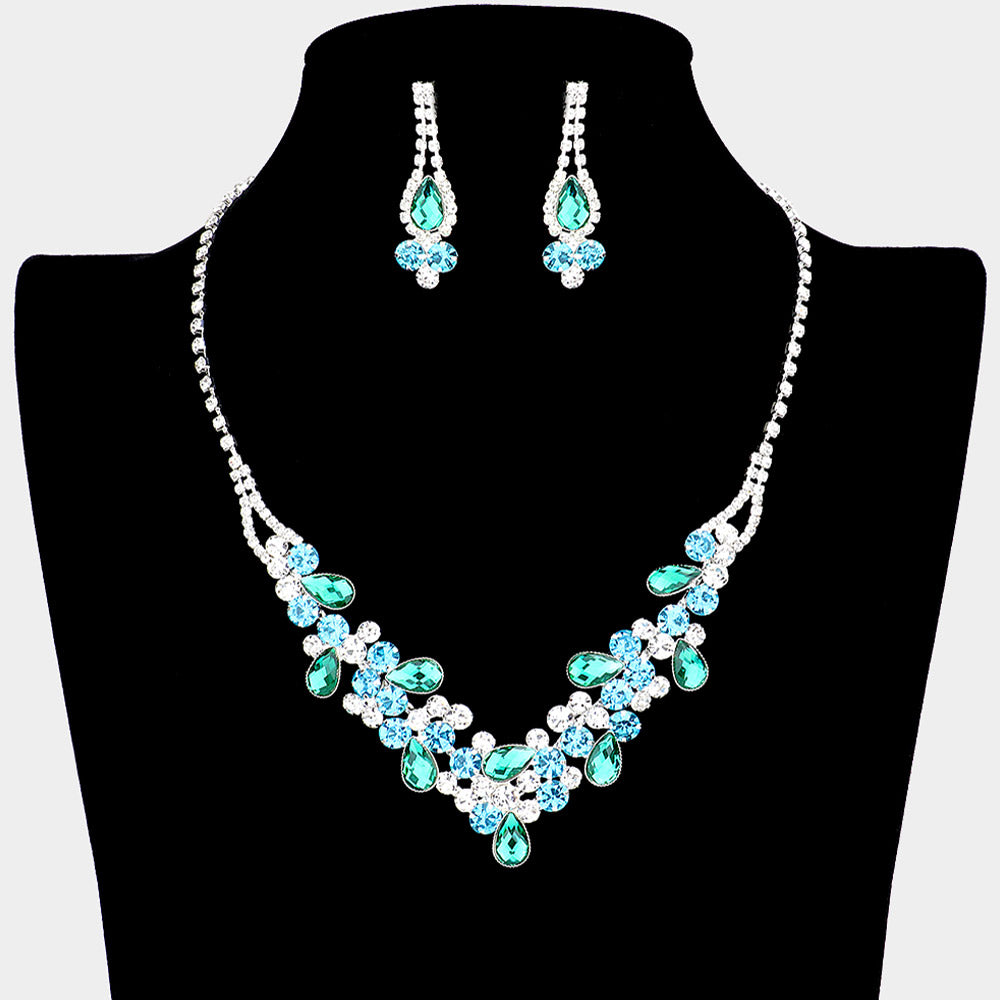 Aqua and Clear Rhinestone Floral Prom Necklace Set  | Homecoming Necklace Set