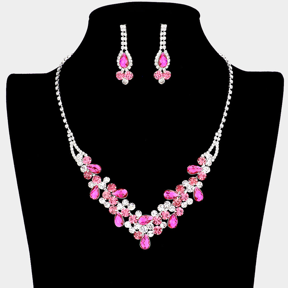 Fuchsia and Clear Rhinestone Floral Prom Necklace Set  | Homecoming Necklace Set