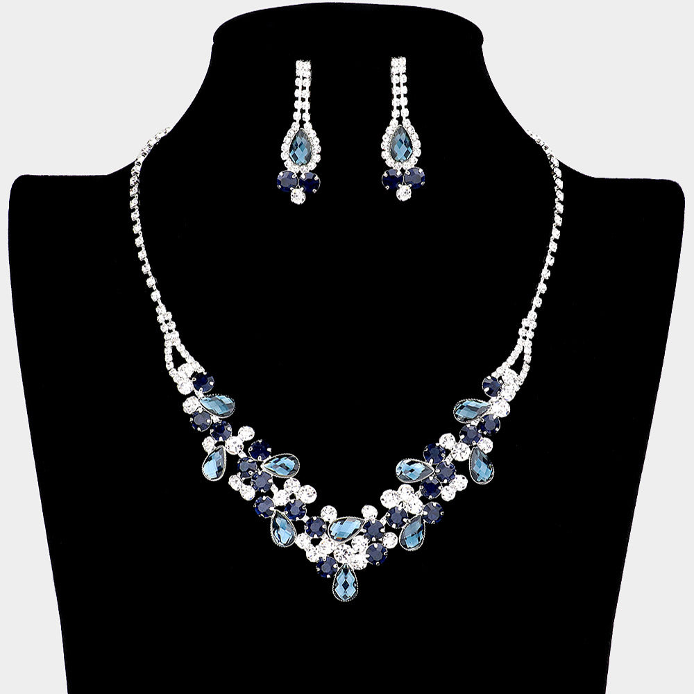 Navy and Clear Rhinestone Floral Prom Necklace Set  | Homecoming Necklace Set