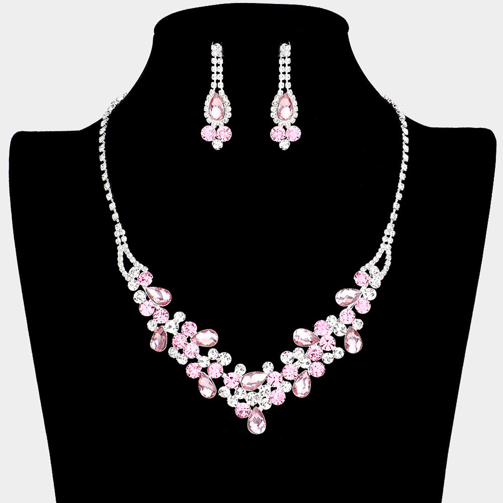 Pink and Clear Rhinestone Floral Prom Necklace Set | Homecoming Necklace Set