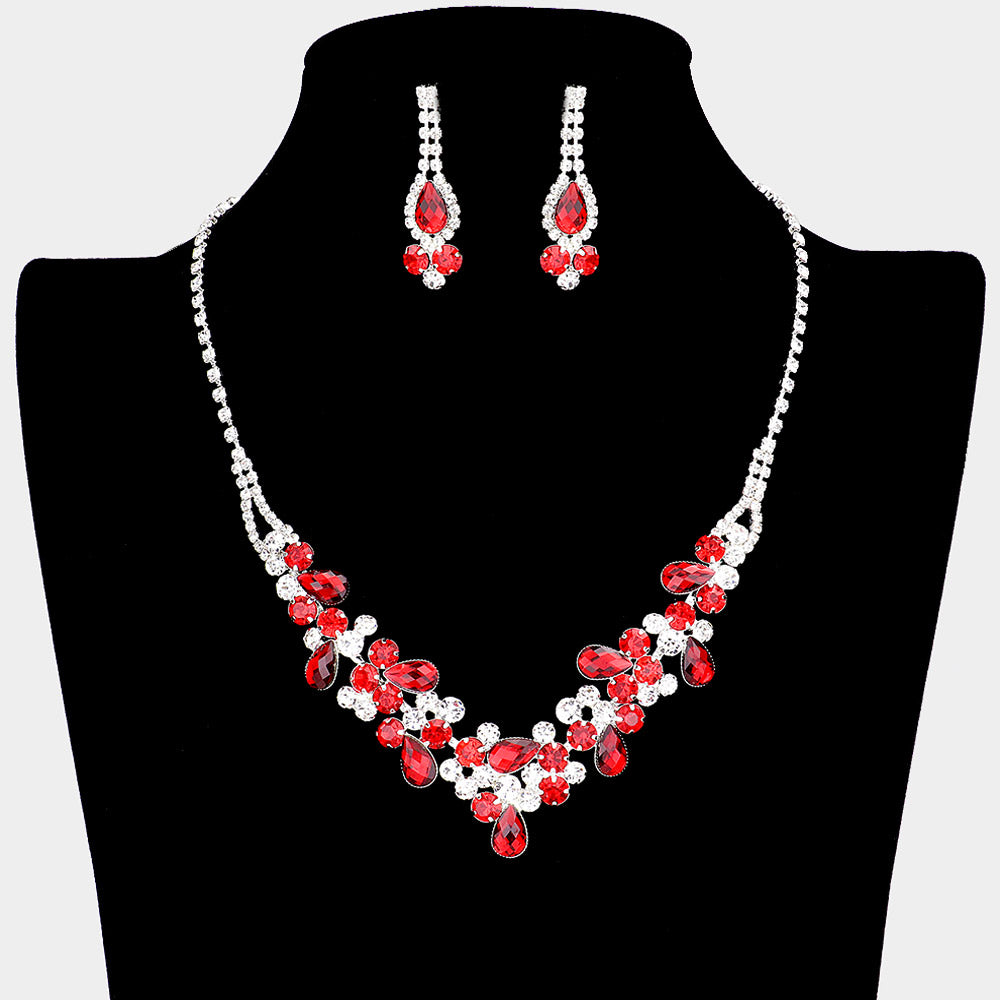 Red and Clear Rhinestone Floral Prom Necklace Set  | Homecoming Necklace Set