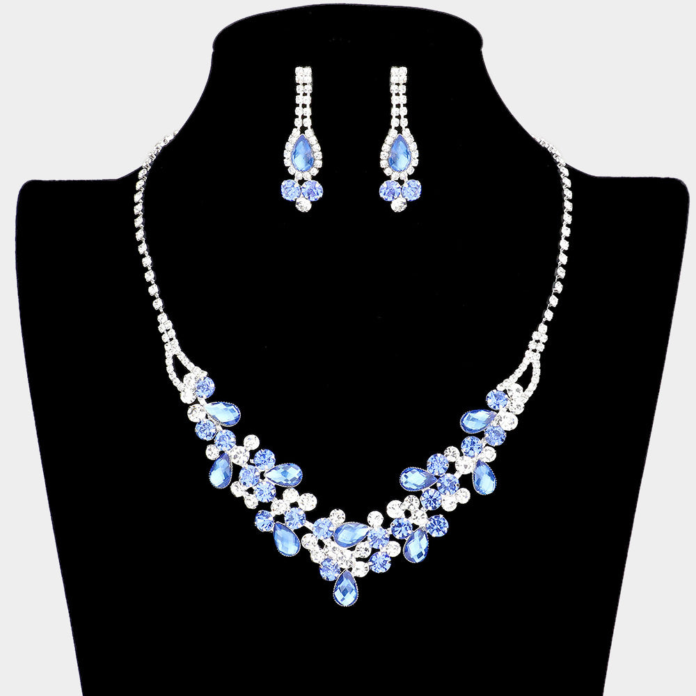 Blue and Clear Rhinestone Floral Prom Necklace Set | Homecoming Necklace Set