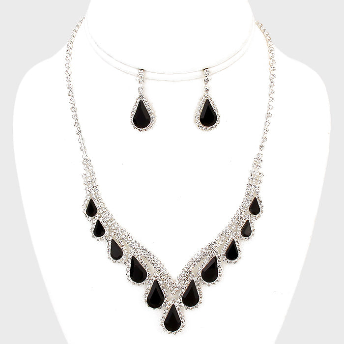 Black Crystal Teardrop Necklace Set