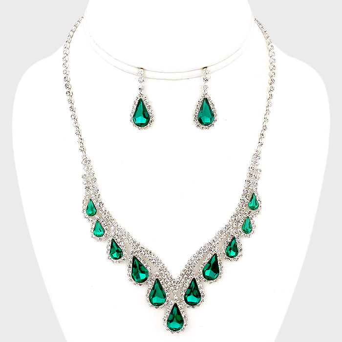 Emerald Crystal Teardrop Necklace Set