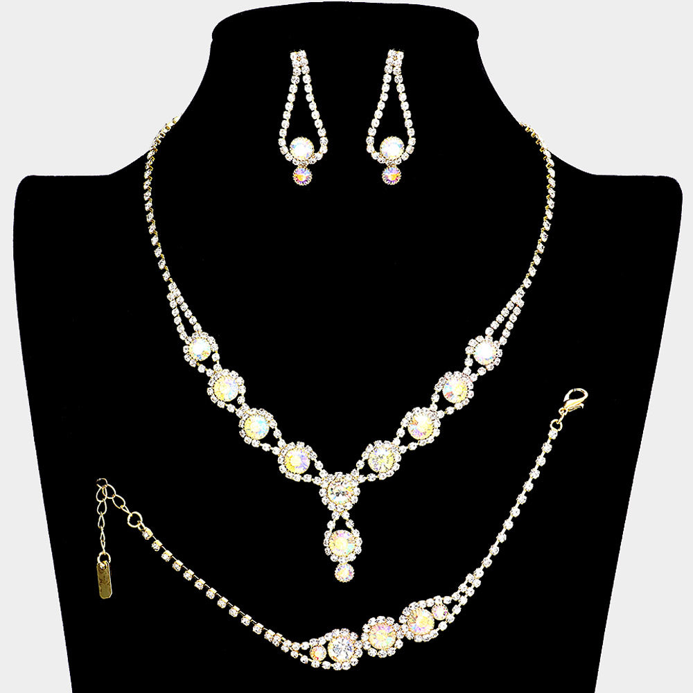 AB Rhinestone 3 Piece Jewelry Set on Gold  | Formal Jewelry