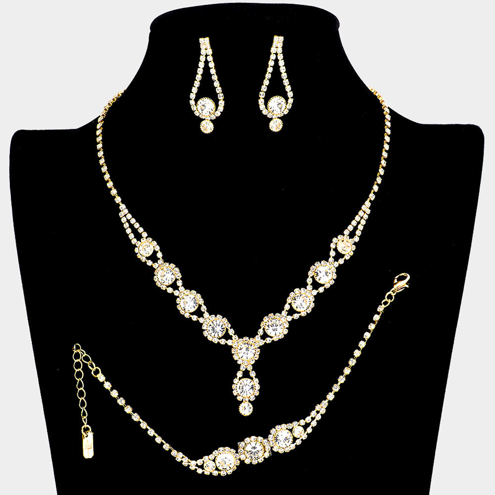 Clear Rhinestone 3 Piece Jewelry Set on Gold | Formal Jewelry