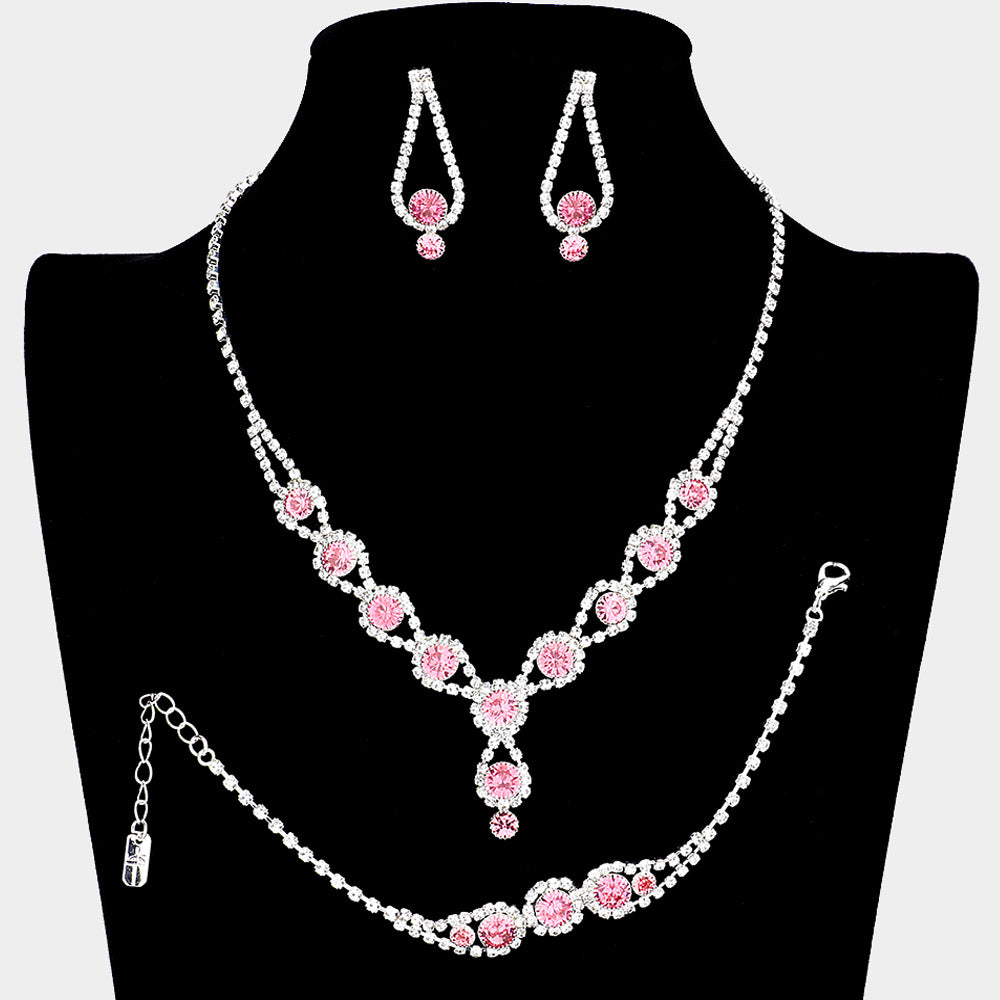 Pink Rhinestone 3 Piece Jewelry Set  | Formal Jewelry