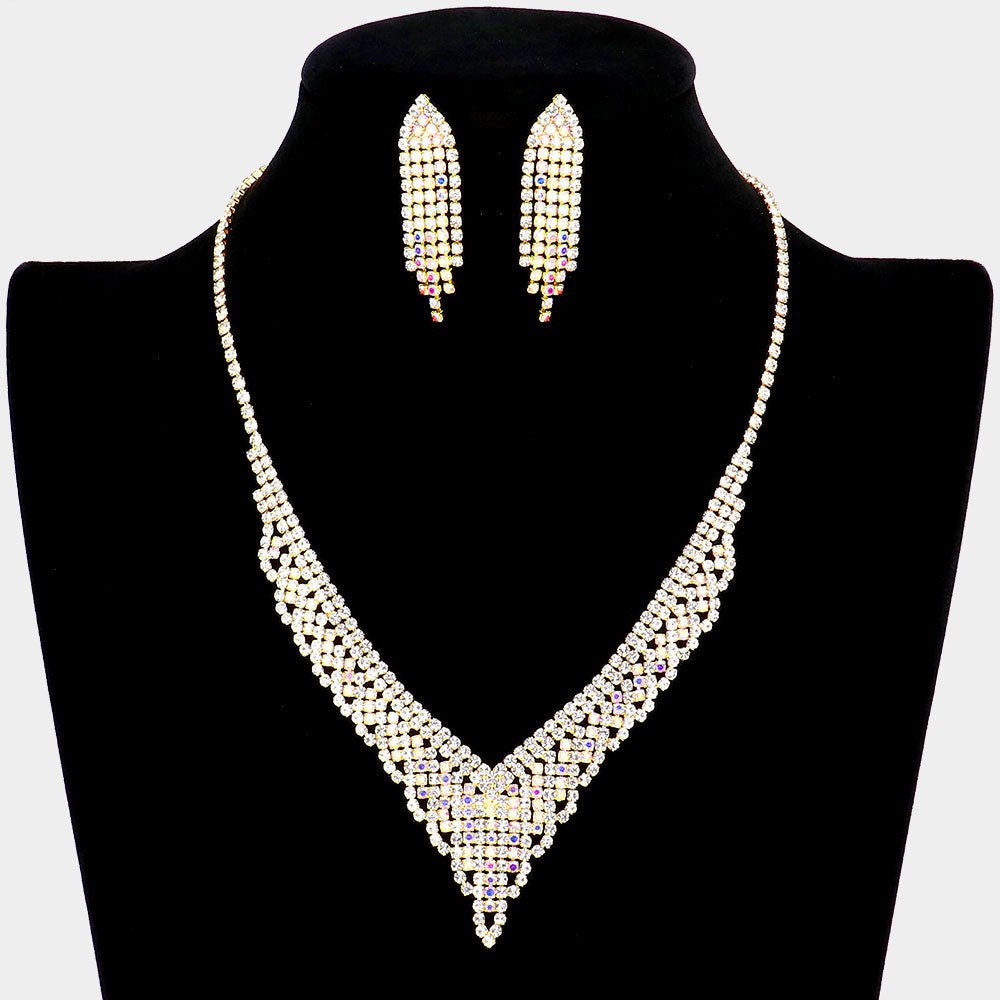 AB Crystal Rhinestone Pave Prom Necklace Set on Gold | Prom Jewelry