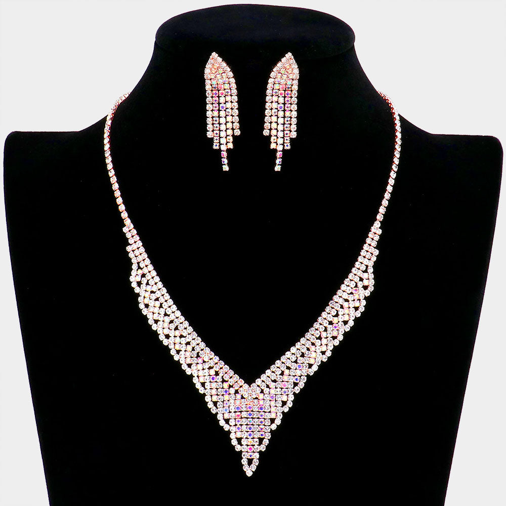 AB Crystal Rhinestone Pave Prom Necklace Set on Rose Gold | Prom Jewelry
