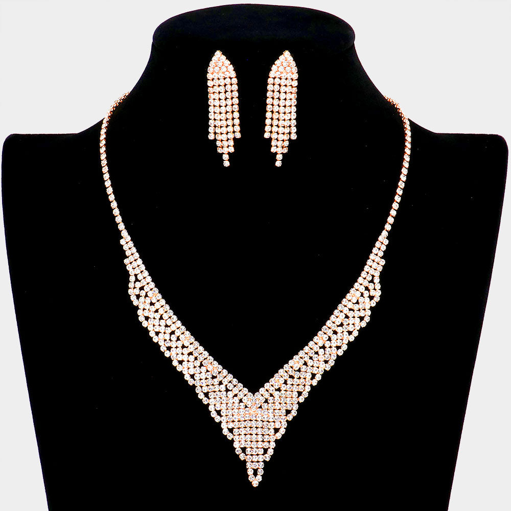 Clear Crystal Rhinestone Pave Prom Necklace Set on Rose Gold | Prom Jewelry