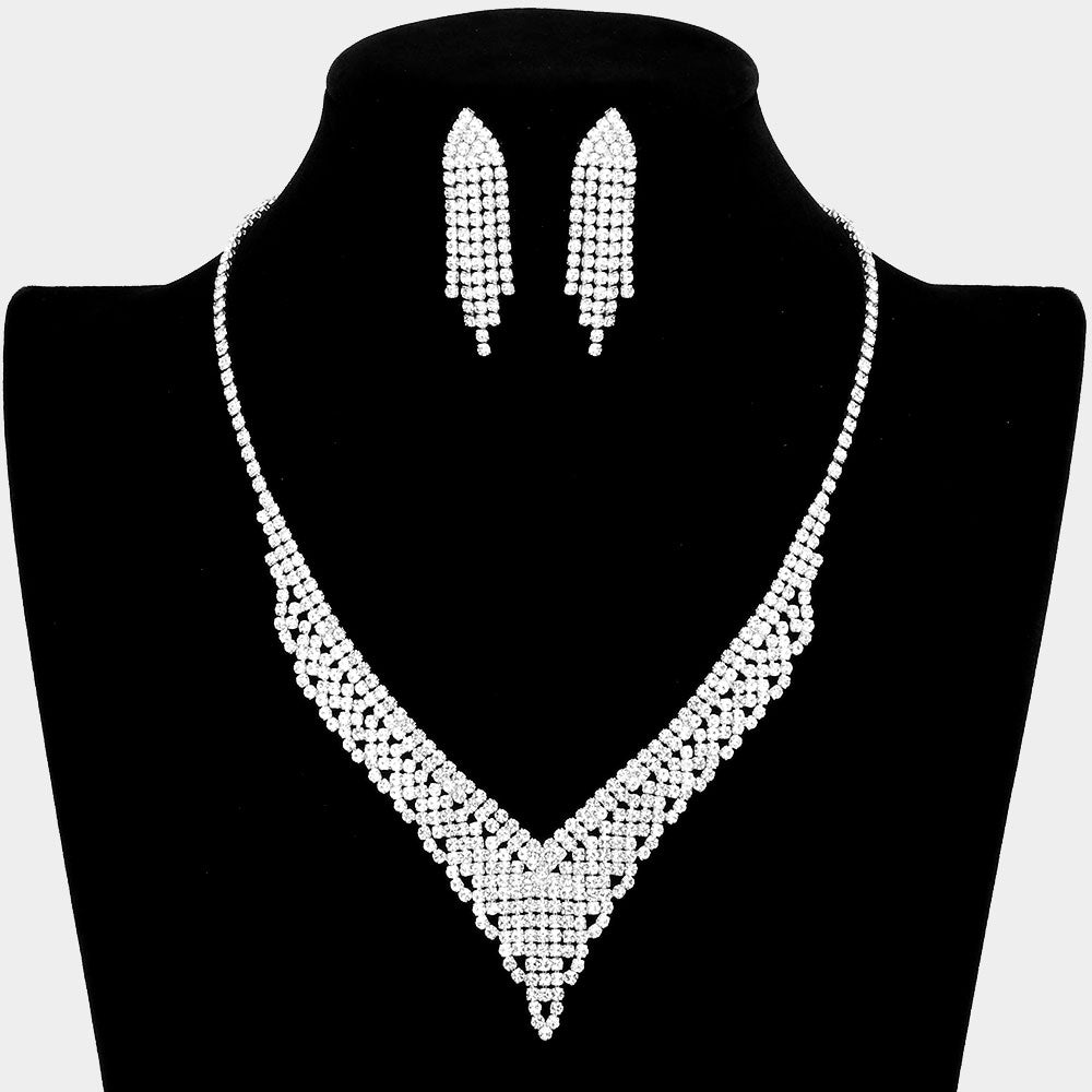 Clear Crystal Rhinestone Pave Prom Necklace Set | Prom Jewelry