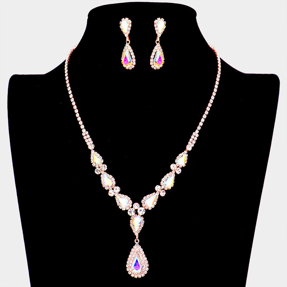 AB Crystal Teardrop and Rhinestone Necklace Set on Rose Gold | Prom Jewelry