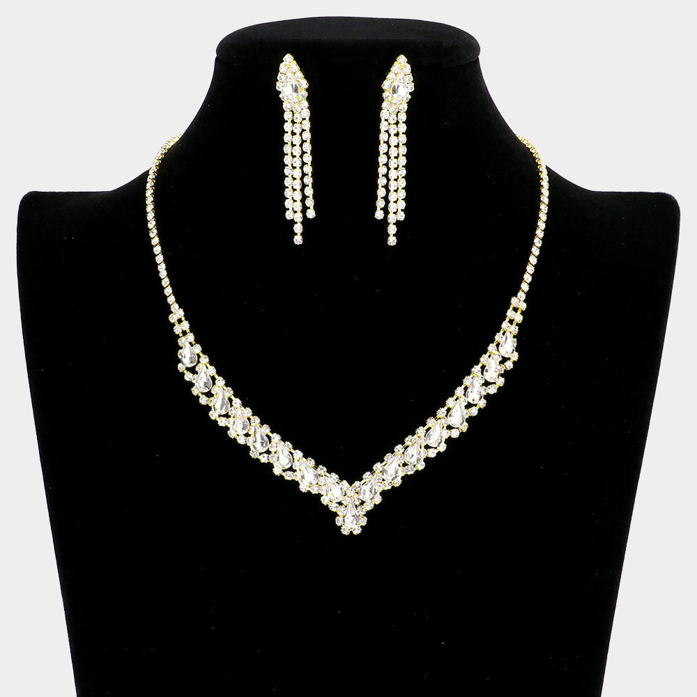 Clear Teardrop and Rhinestone Accented Necklace Set on Gold | Homecoming Jewelry