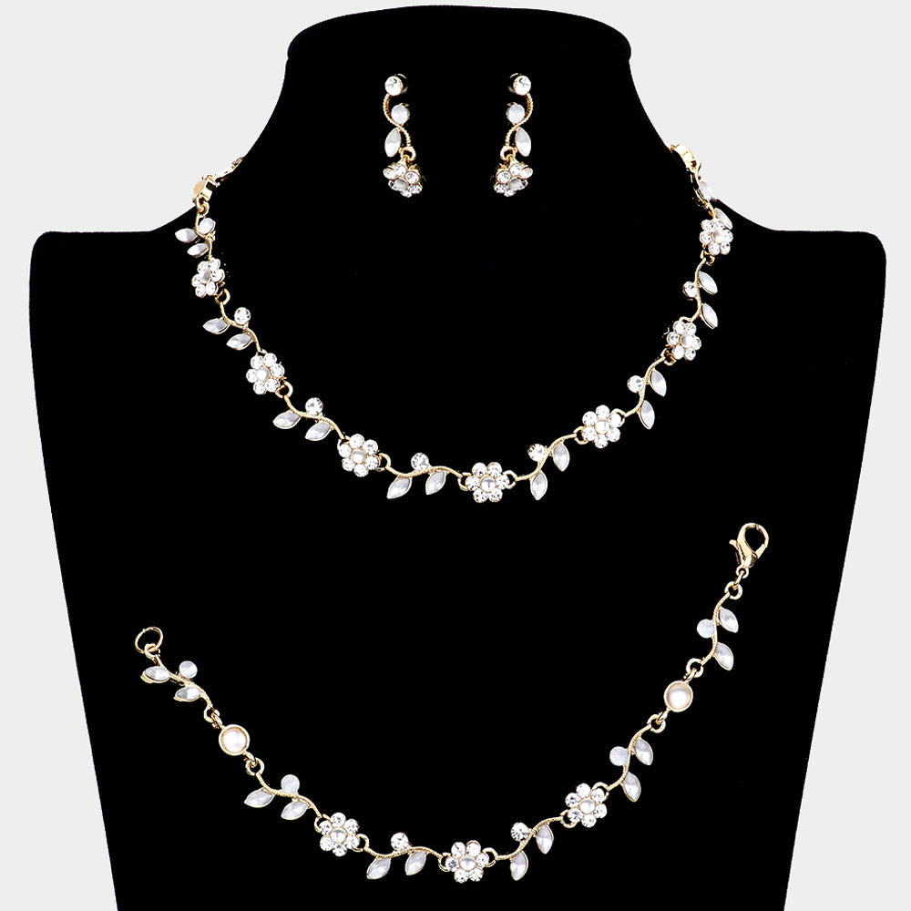 3 Piece Clear Flower Rhinestone Jewelry Set on Gold| Homecoming Jewelry