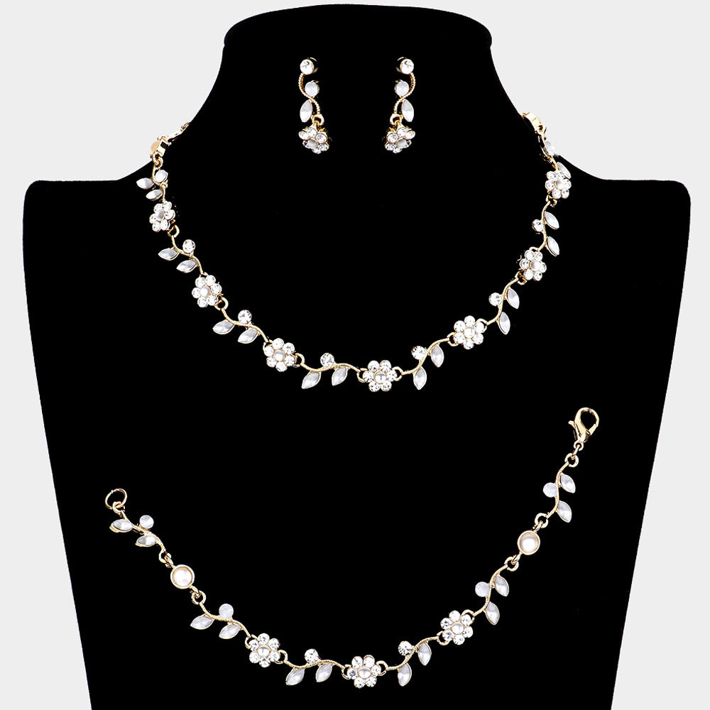 3 Piece Clear Flower Rhinestone Jewelry Set on Gold| Homecoming Jewelry 