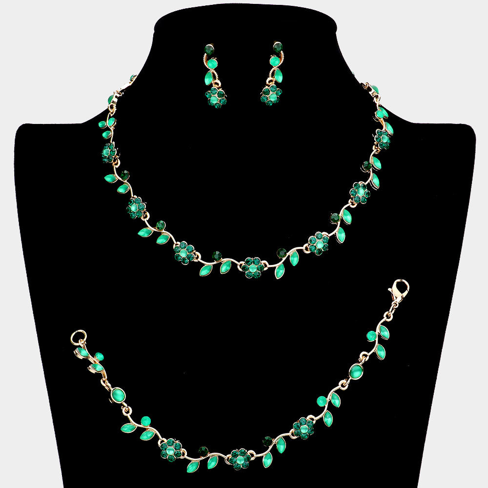 3 Piece Emerald Flower Rhinestone Jewelry Set | Homecoming Jewelry 