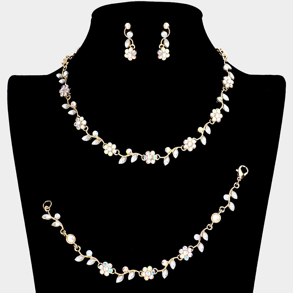 3 Piece AB Flower Rhinestone Jewelry Set on Gold Homecoming Jewelry L M Bling lmbling